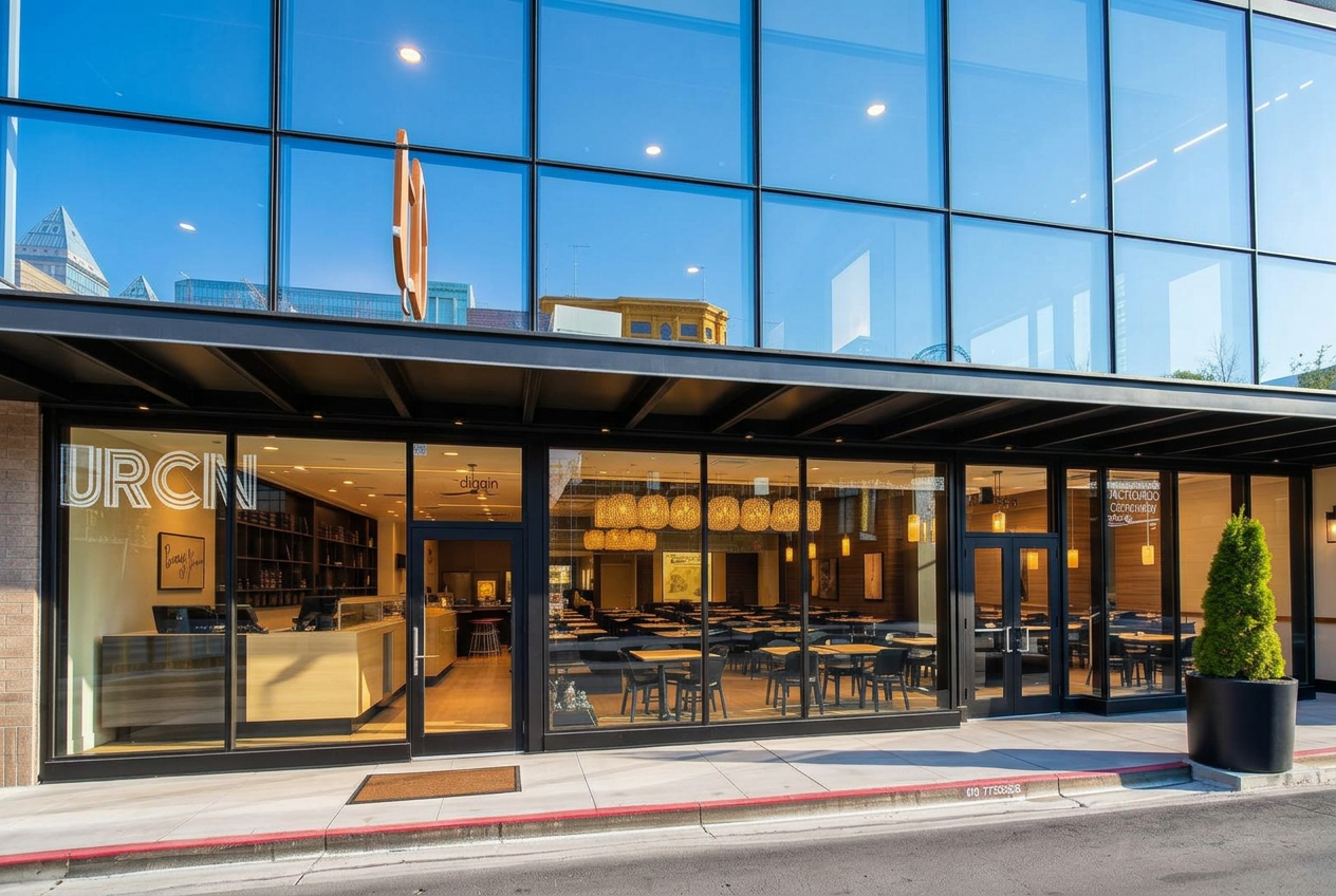 Modern Austin commercial storefront with expansive glass curtain wall glazing at dusk