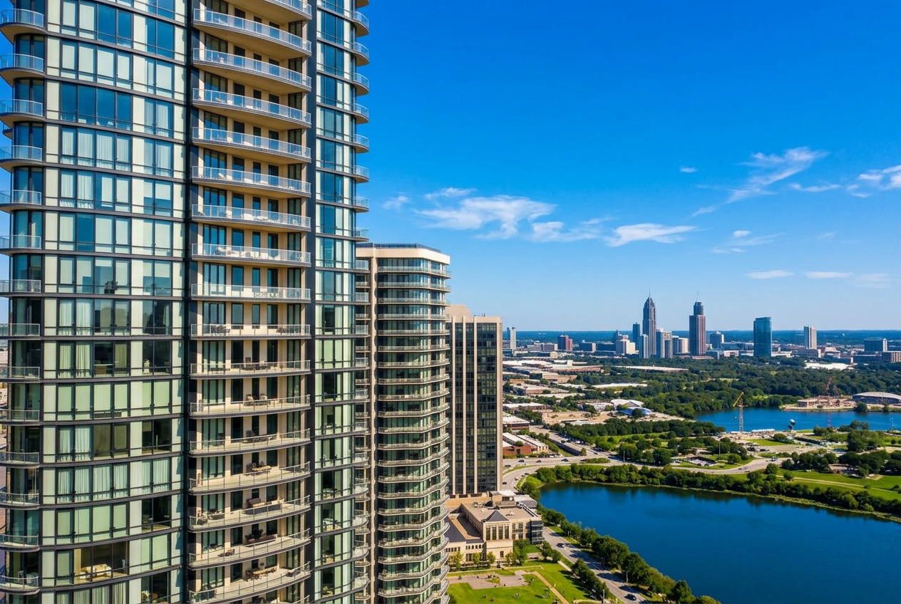 Austin Texas luxury high-rise tower at twilight with glowing floor-to-ceiling window walls