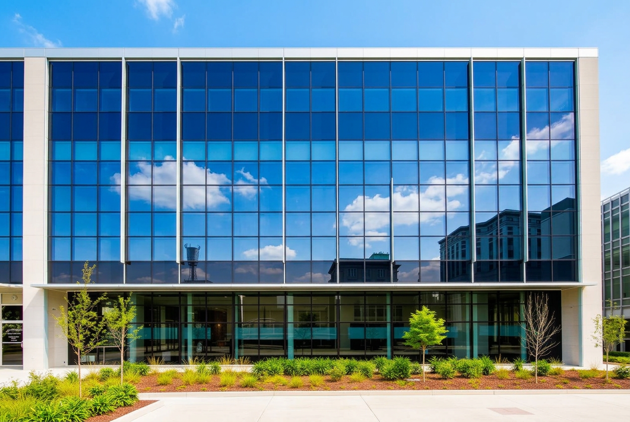 Modern Dallas commercial office building with aluminum-framed glass curtain wall