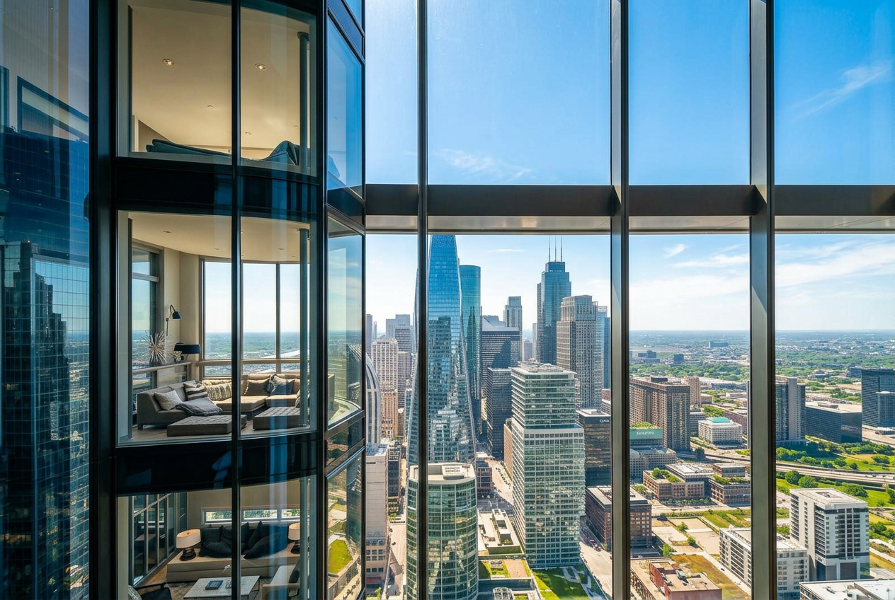 Dallas high-rise luxury residence at dusk with floor-to-ceiling glass window walls over the skyline