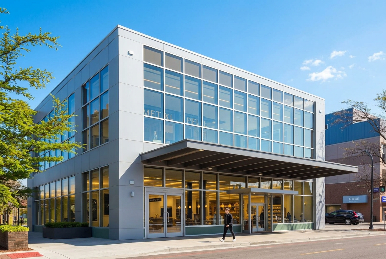 Contemporary Houston commercial mixed-use building with impact-rated glass storefront at dusk