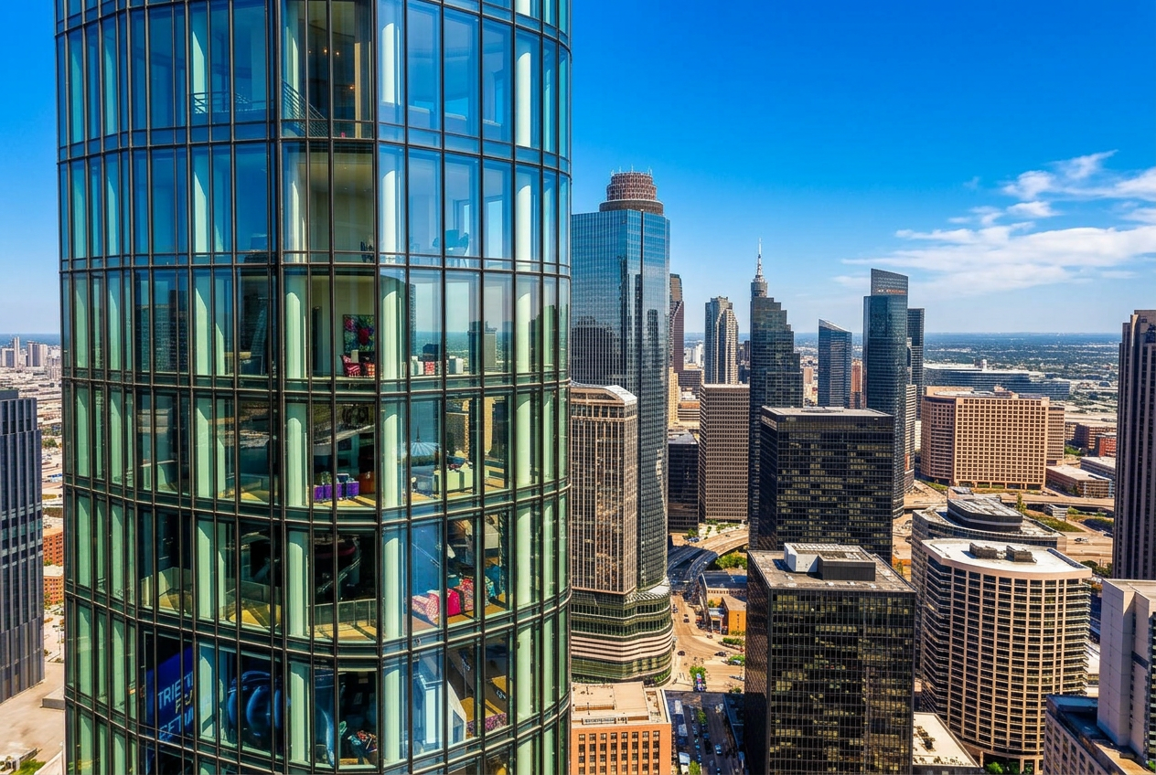 Houston downtown luxury high-rise glass tower at twilight with expansive window wall glazing