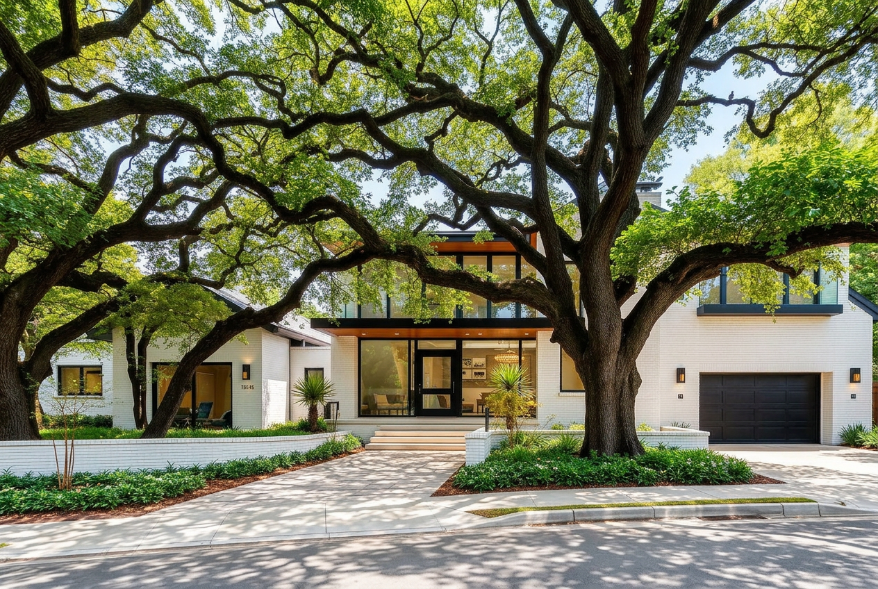 Luxury modern River Oaks Houston home with dark steel floor-to-ceiling glass under live oaks