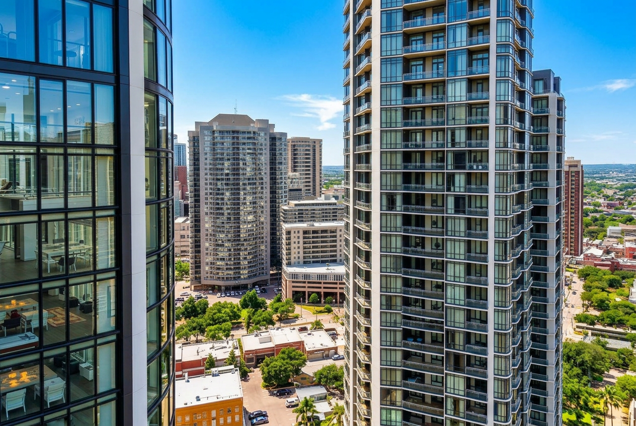 San Antonio high-rise residential towers at dusk with floor-to-ceiling glass window walls