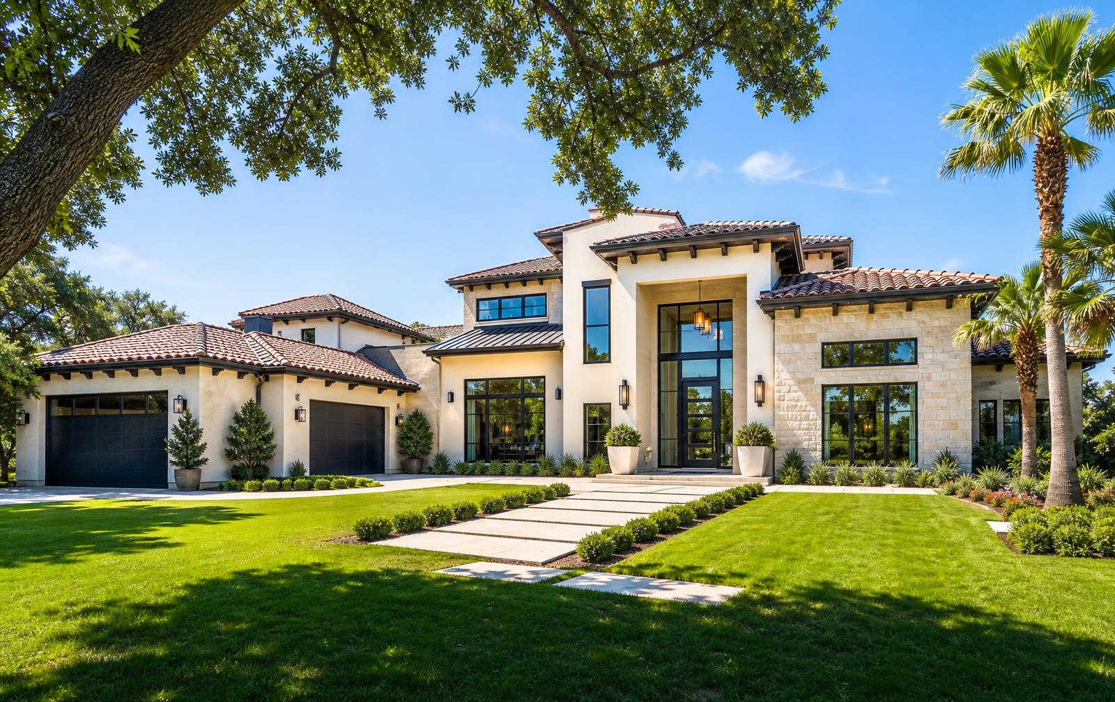 Bright sunny luxury San Antonio estate with steel-framed glass entry, tile roof, and manicured lawn