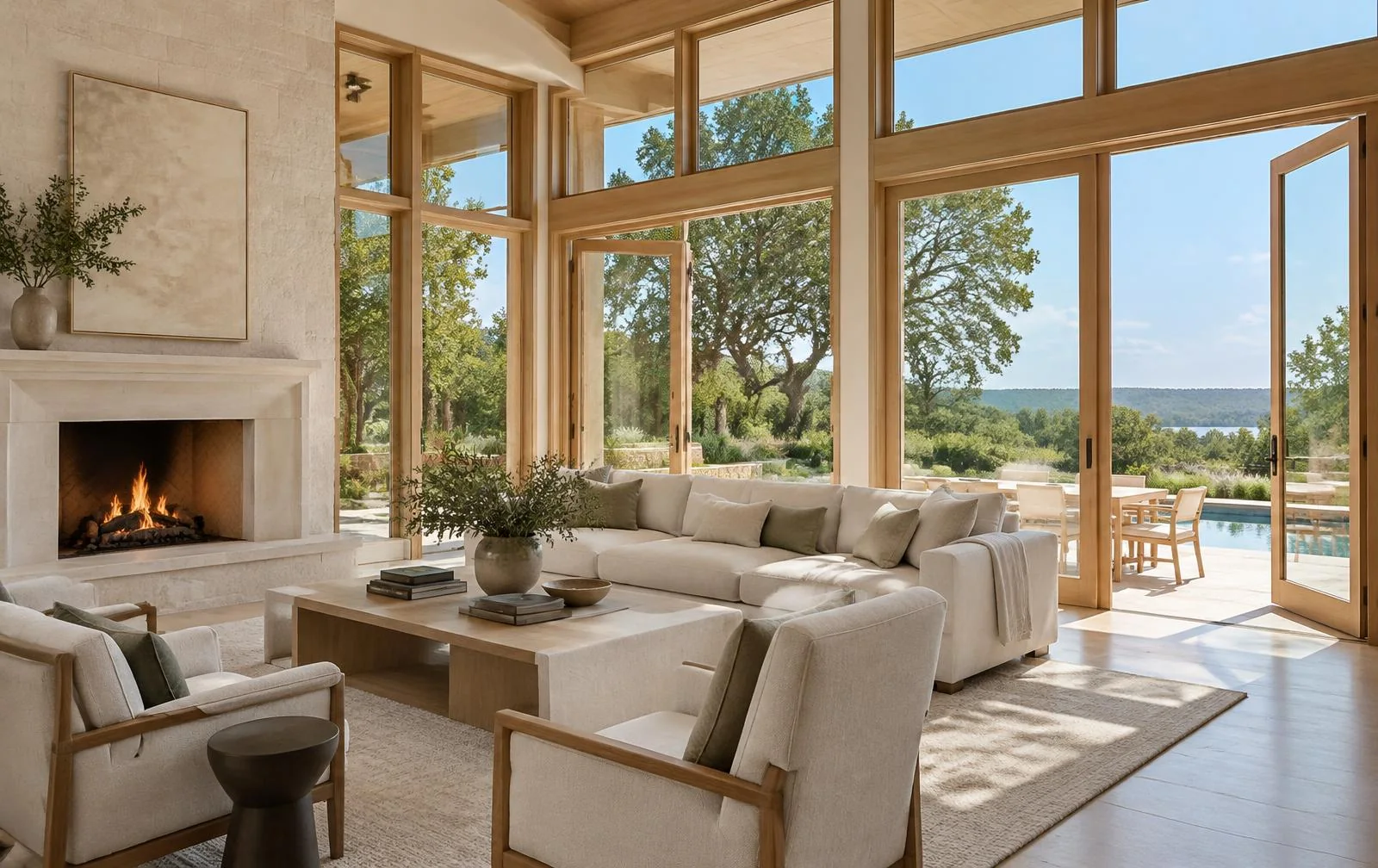 Luxury interior inspiration with natural wood-framed windows overlooking a sunny Texas landscape